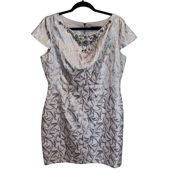 NWT- Eliza J - Gold Cream Shimmer Jeweled Short Sleeve Cocktail Dress, Size 16 - Picture 1 of 11